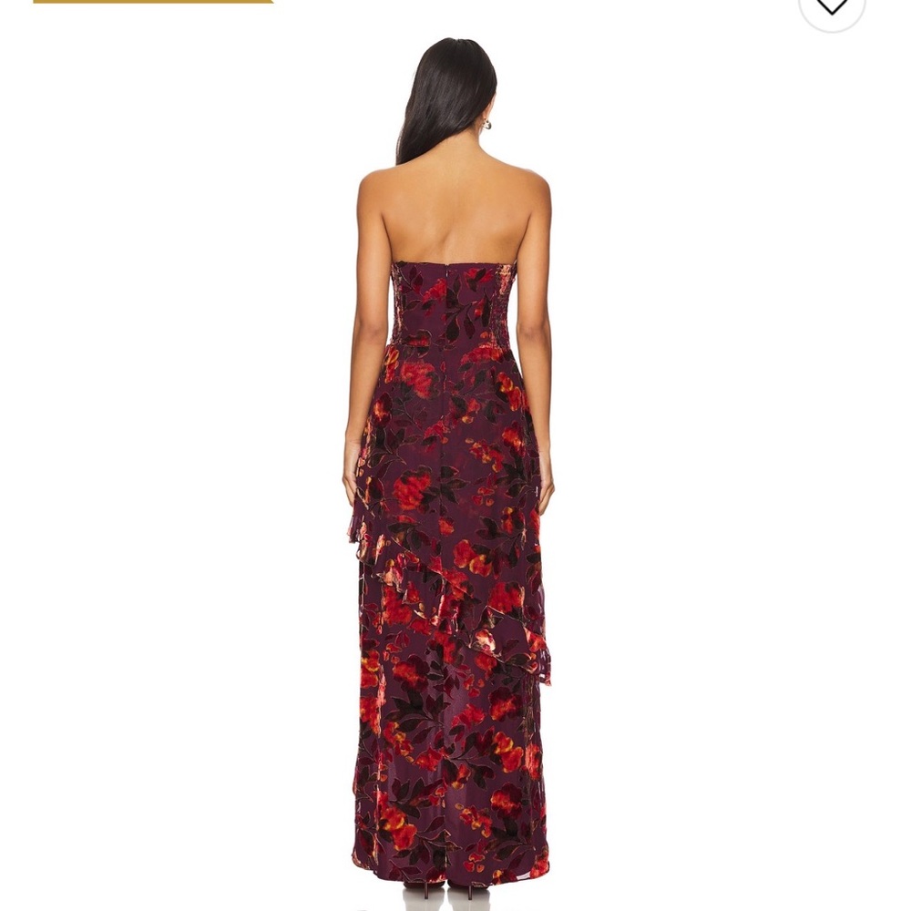 Amanda Uprichard Strapless Floral High-Low Gown in Burgundy and Red - Picture 2 of 4